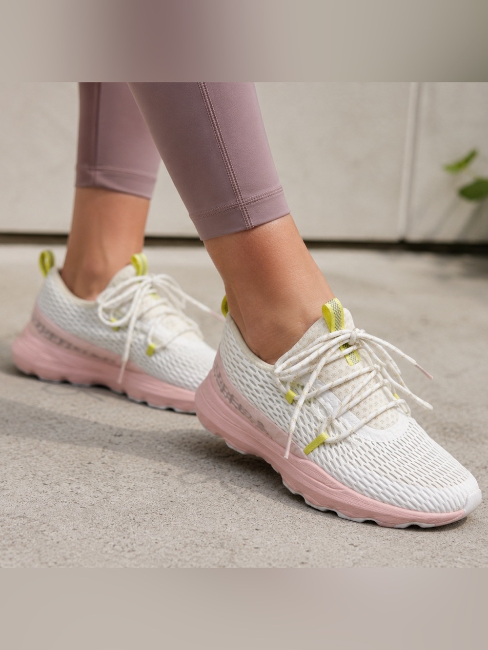 Sorel Women's White Knit Athletic Sneakers with Pink Sole and Yellow Accents